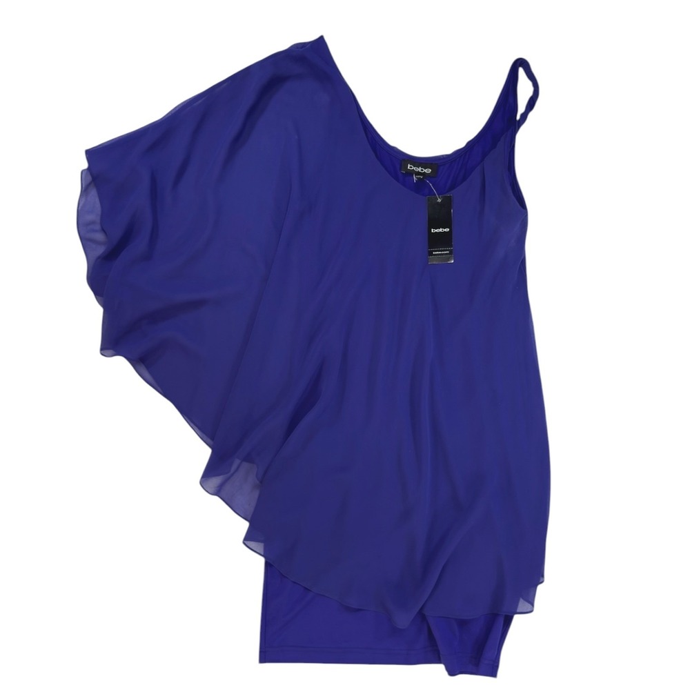 NWT Bebe Malina Asymmetrical Flutter Sleeve Dress S Purple Draped Cocktail Bold